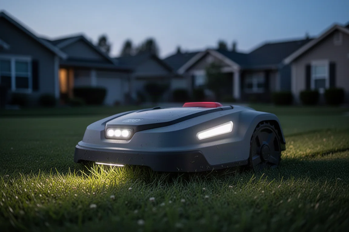 Robot tagliaerba con luci laterali accese al crepuscolo su un prato residenziale