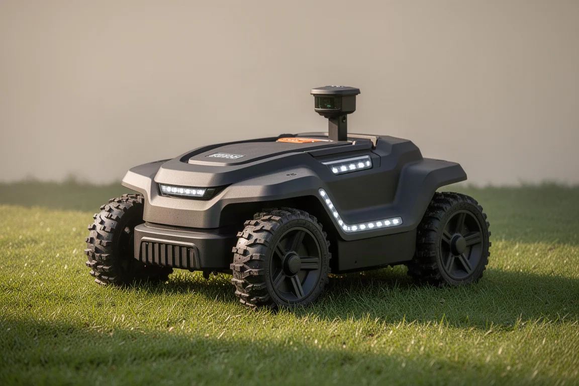 Robot tagliaerba Mammotion Luba 3 AWD su un prato appena tagliato nella luce del mattino