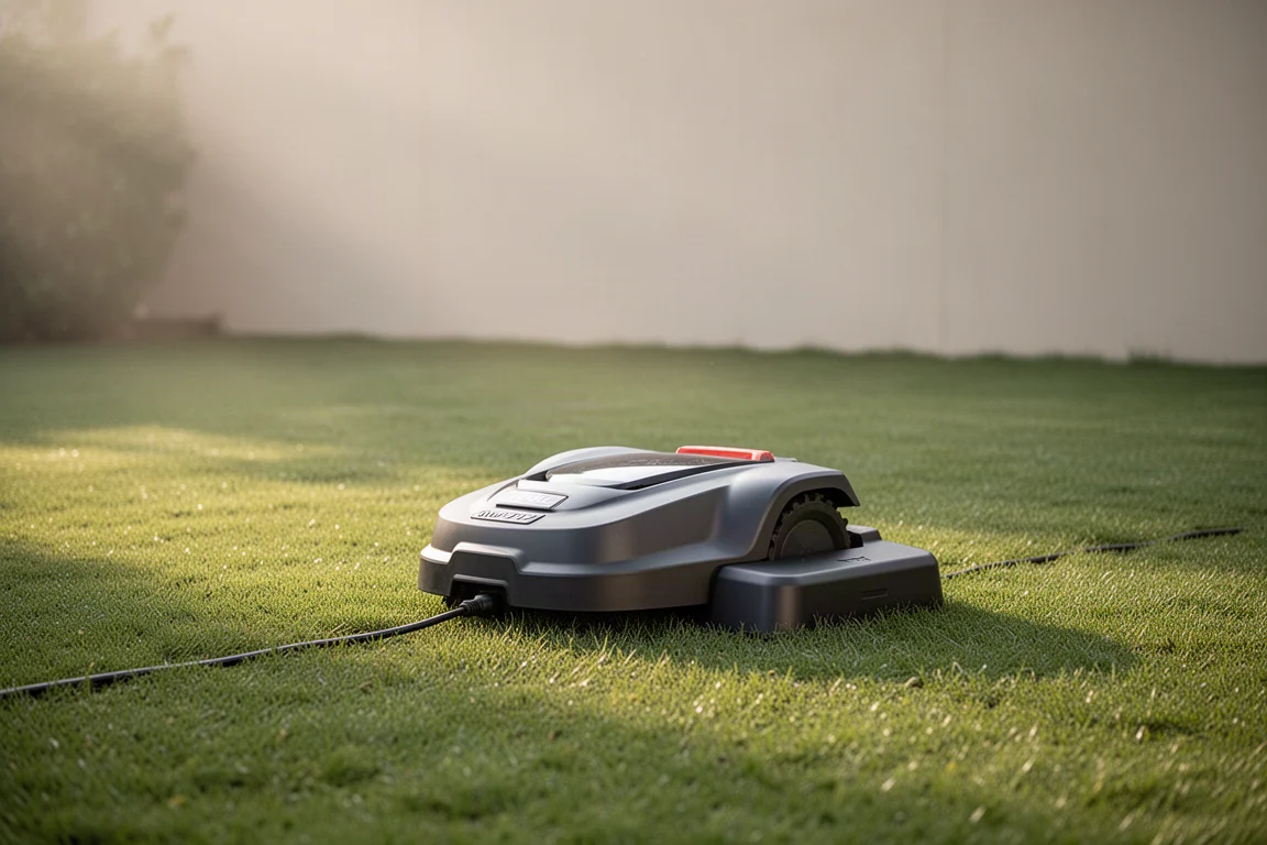 Robotic lawn mower docked at its charging base in a garden setting