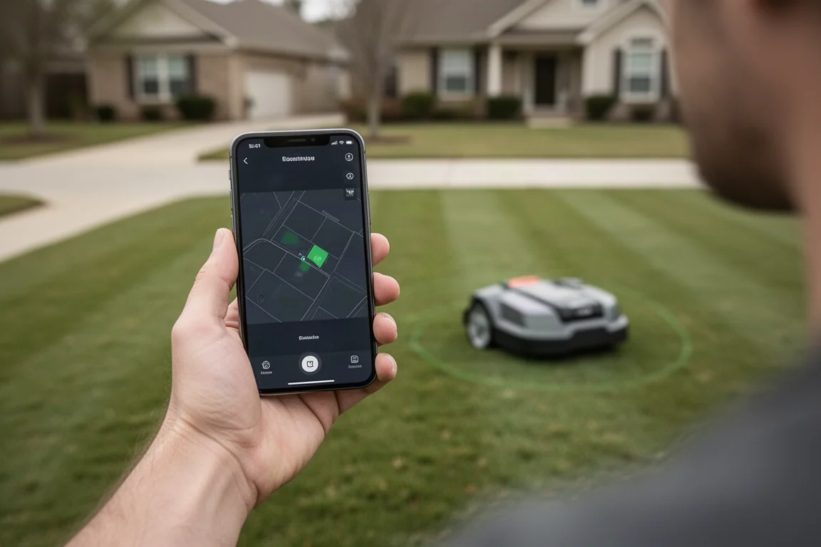 Smartphone screen showing a robot mower control app on a lawn edge