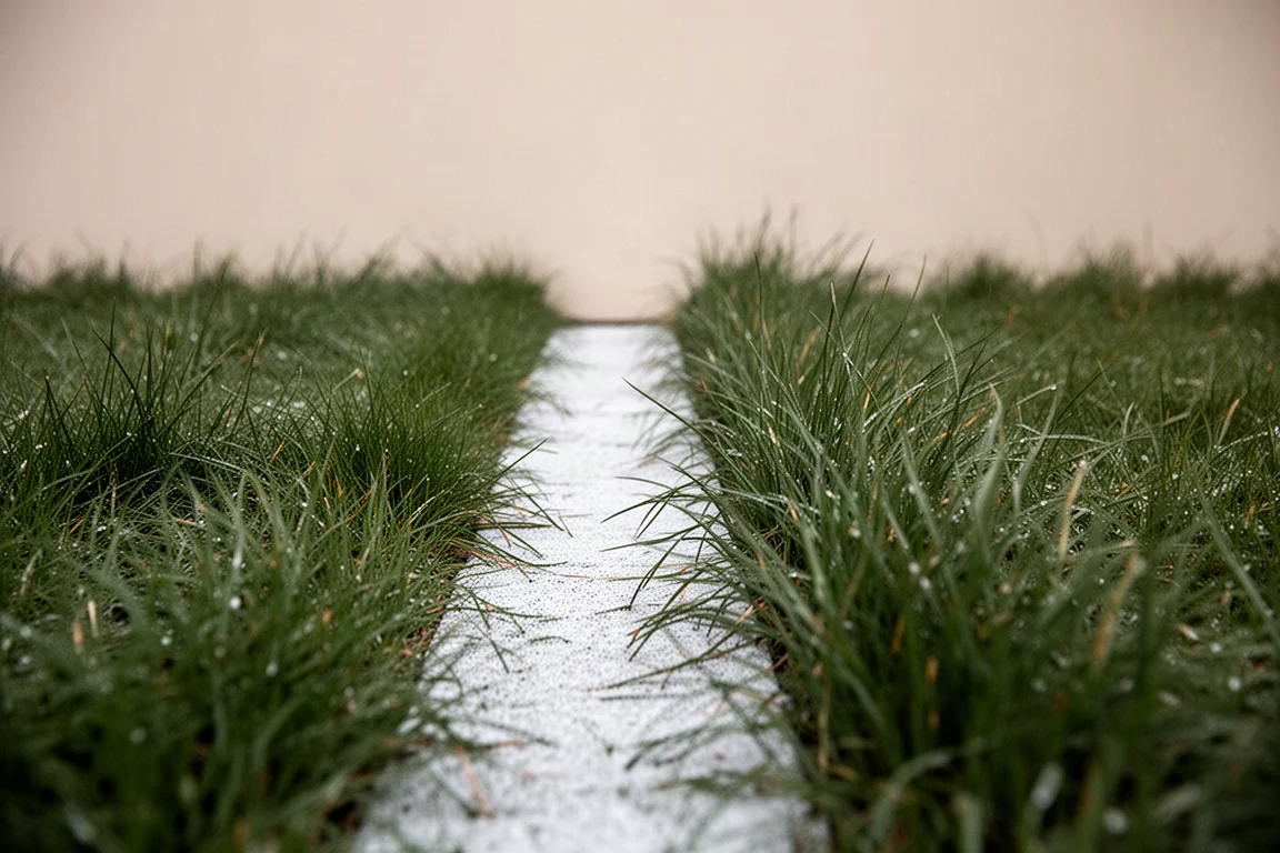 Neatly mown path cut through long grass by a robot mower