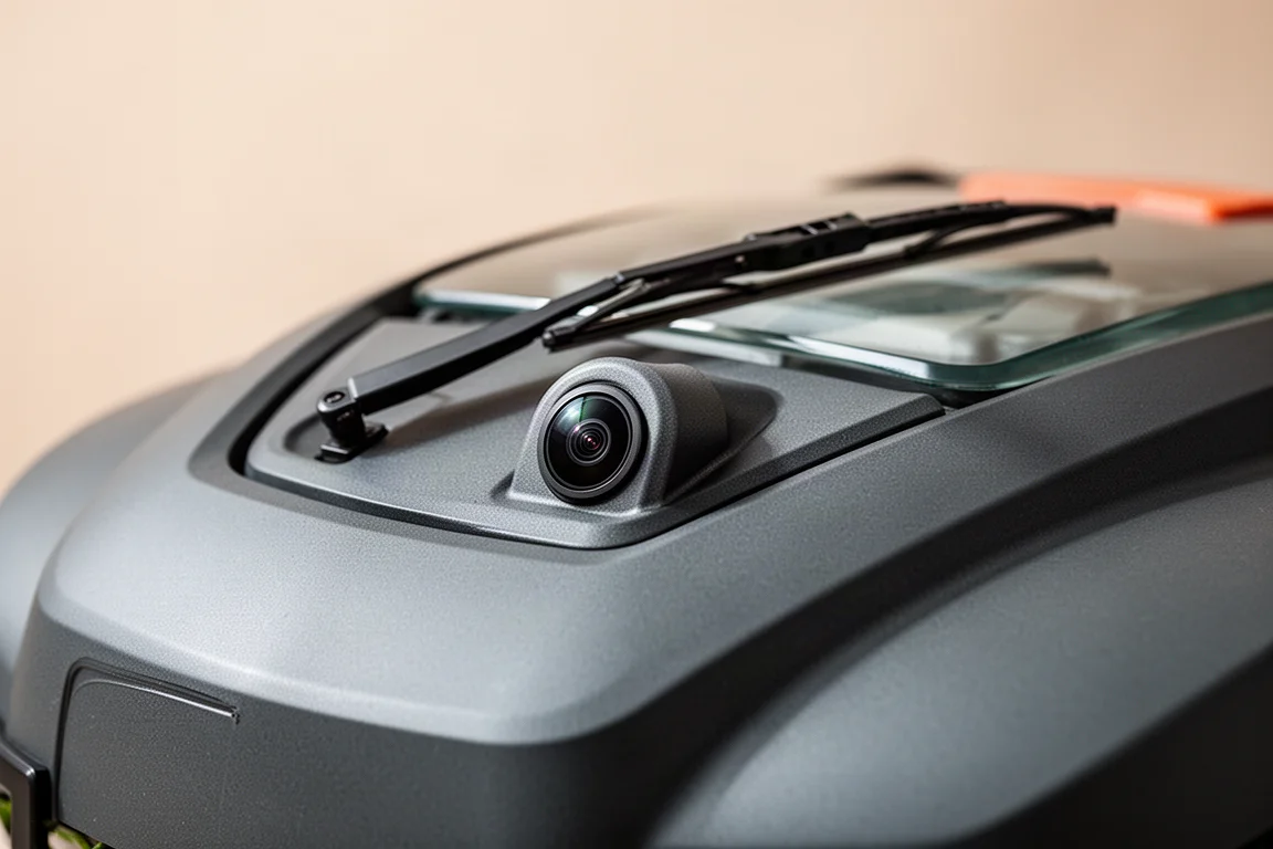 Robot mower front camera and windscreen wiper detail in soft light