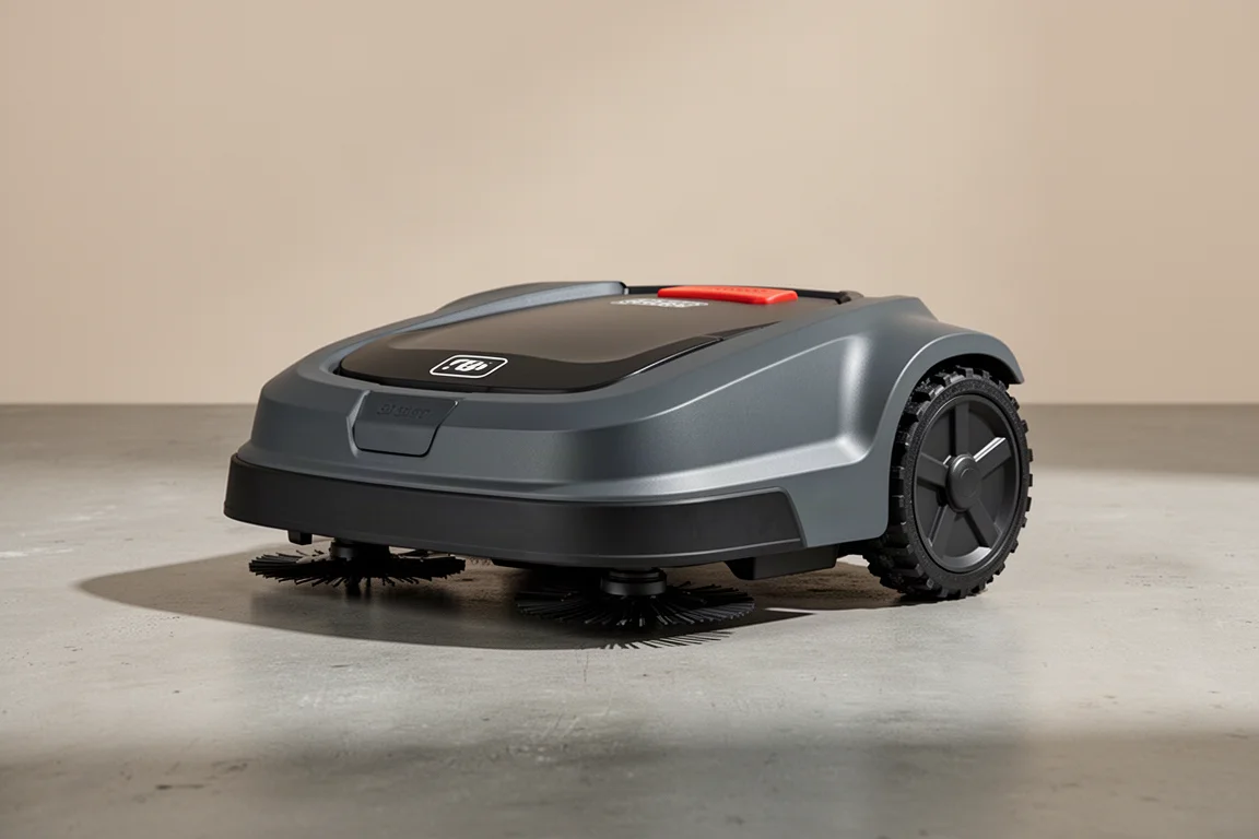 Mammotion Yuka 2000 robotic lawn mower photographed at a three-quarter angle on concrete