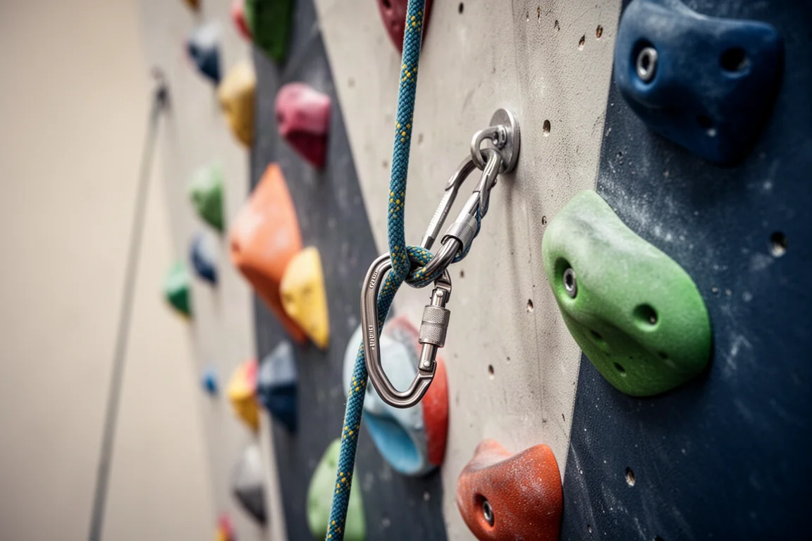 Corda che passa attraverso un rinvio al primo spit di una parete di arrampicata indoor