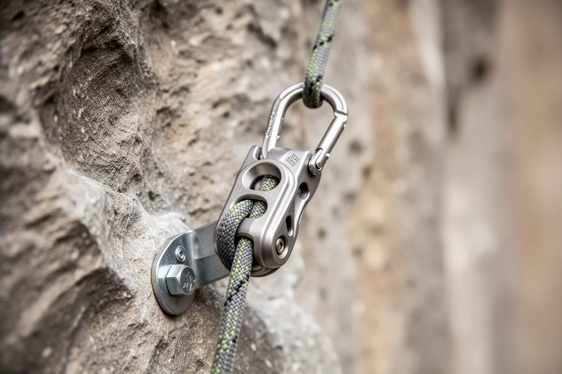 Primo piano di una corda da arrampicata che passa attraverso un belay resistor in metallo a uno spit
