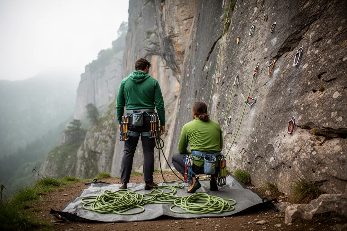 Due arrampicatori di corporatura diversa che ordinano l'attrezzatura alla base di una falesia attrezzata