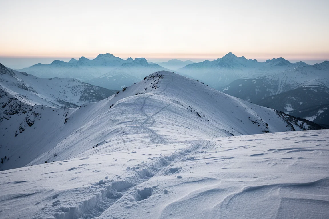 Crête alpine enneigée à l'aube avec neige texturée par le vent et une faible trace de peaux