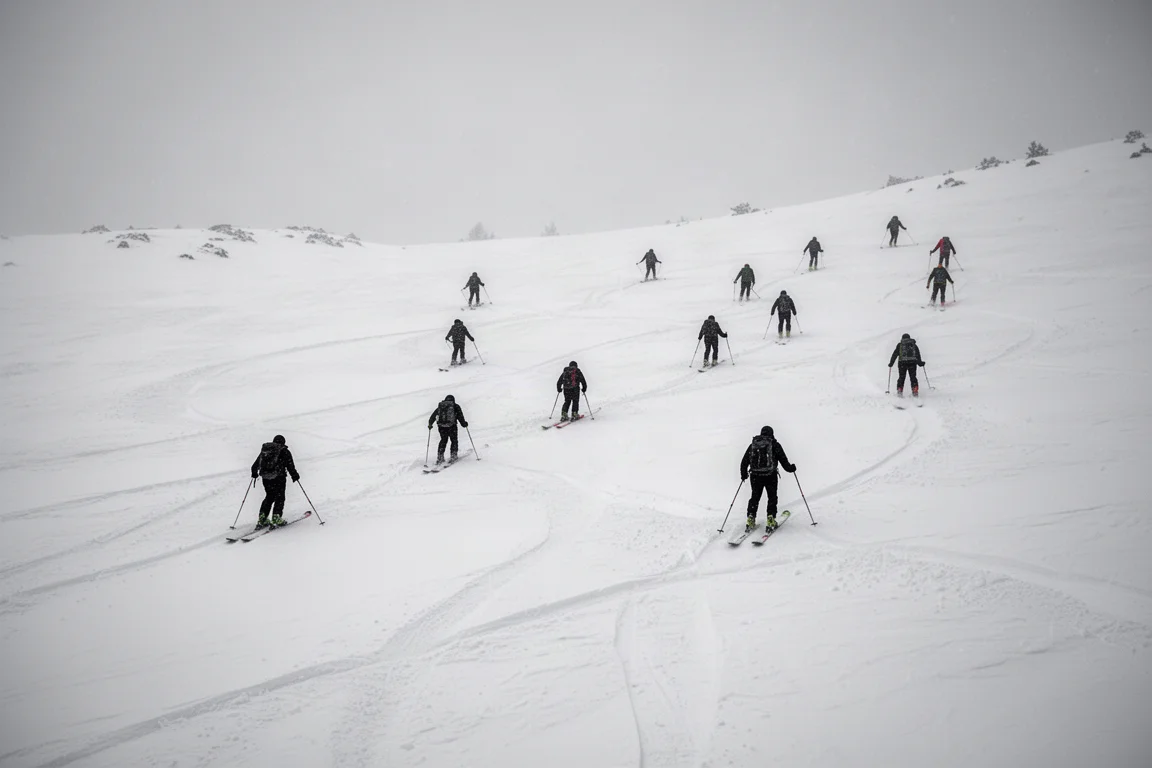 Groupe de skieurs hors-piste répartis sur une pente enneigée selon un large motif de recherche