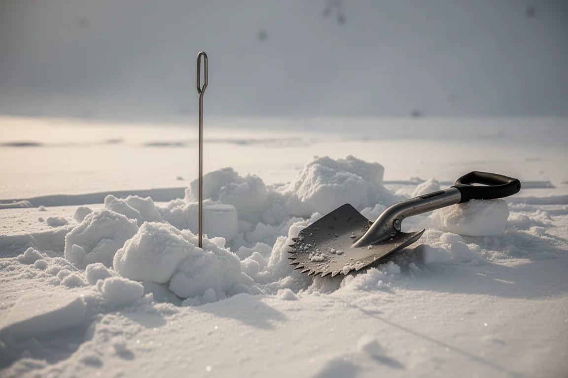 Sonde d'avalanche plantée dans des débris retournés avec une pelle compacte posée à proximité