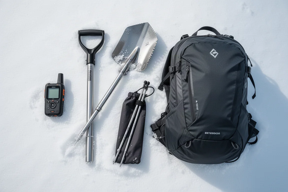 Avalanche safety gear laid out on snow including a transceiver, shovel, probe, and backpack