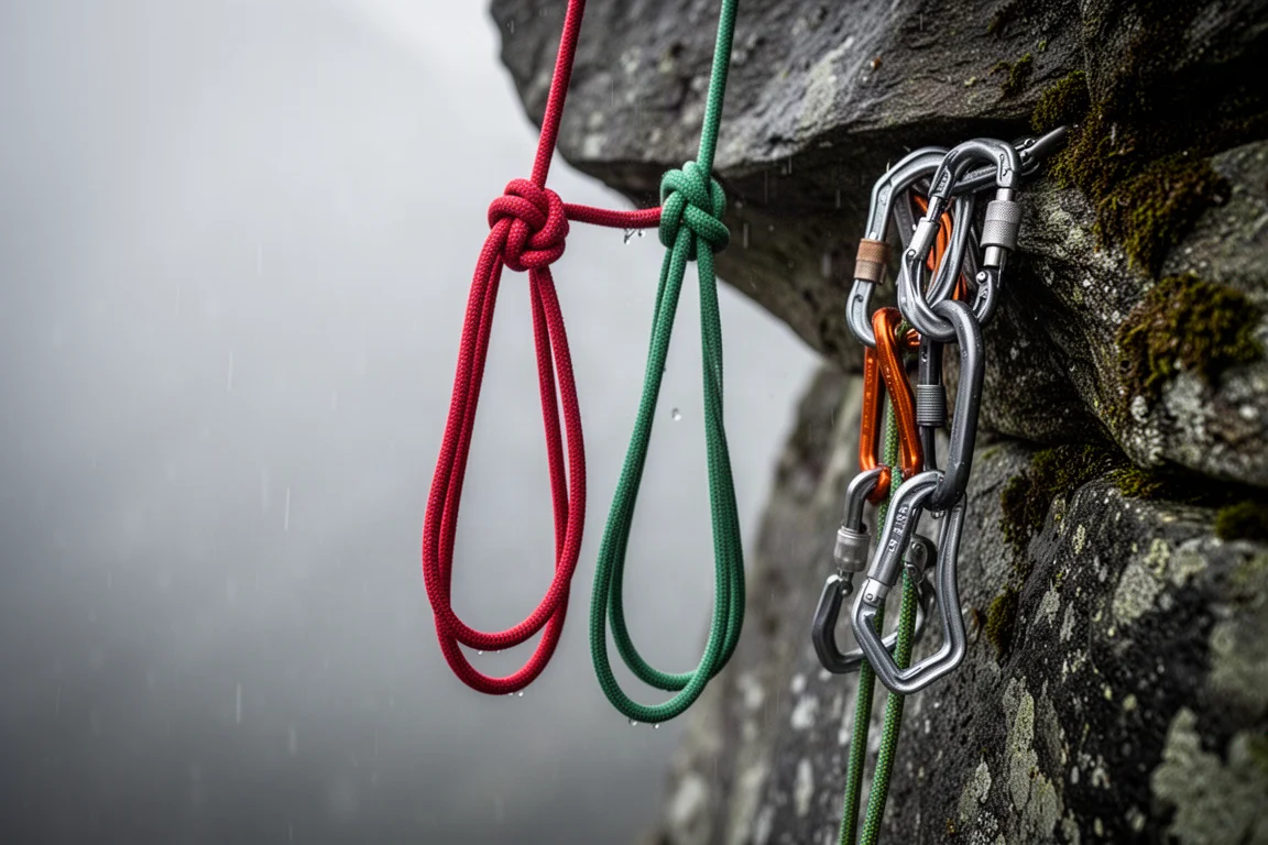 Cuerdas de escalada roja y verde colgadas de una repisa rocosa junto a material metálico de escalada trad