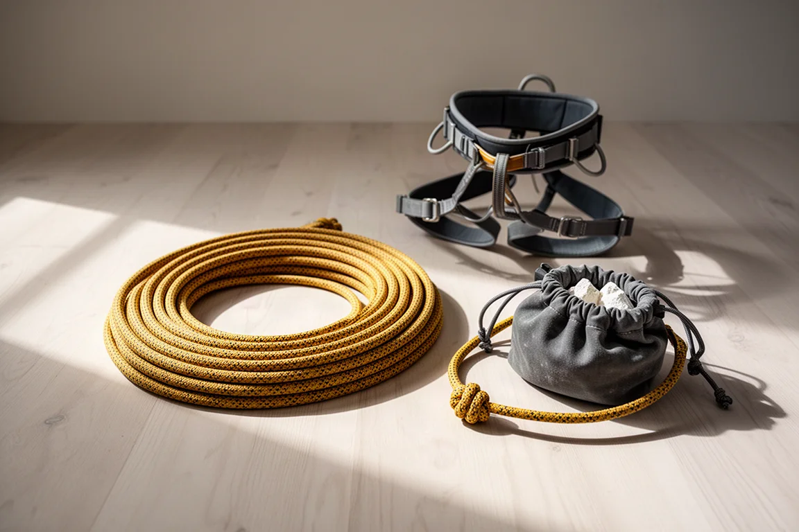 Cuerda de escalada recién desembalada en madeja sobre un suelo de madera junto a un arnés y una bolsa de magnesio