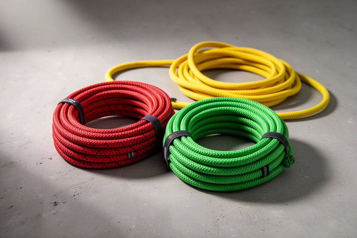 Two coiled climbing ropes, one red and one green, with a yellow rope on a concrete surface