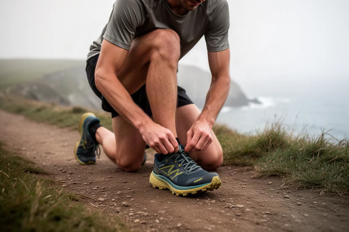 Corredor de trail atándose las zapatillas en un camino costero con suave luz matinal