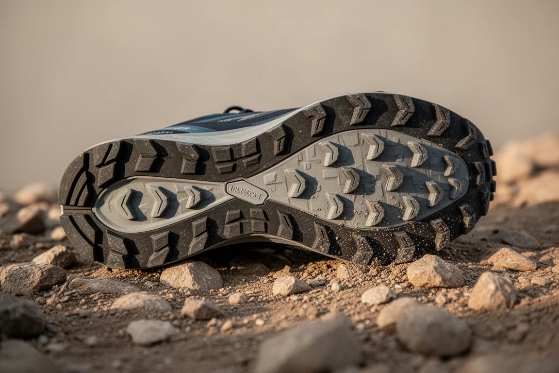 Primer plano de la suela de una zapatilla de trail con tacos mixtos sobre terreno rocoso