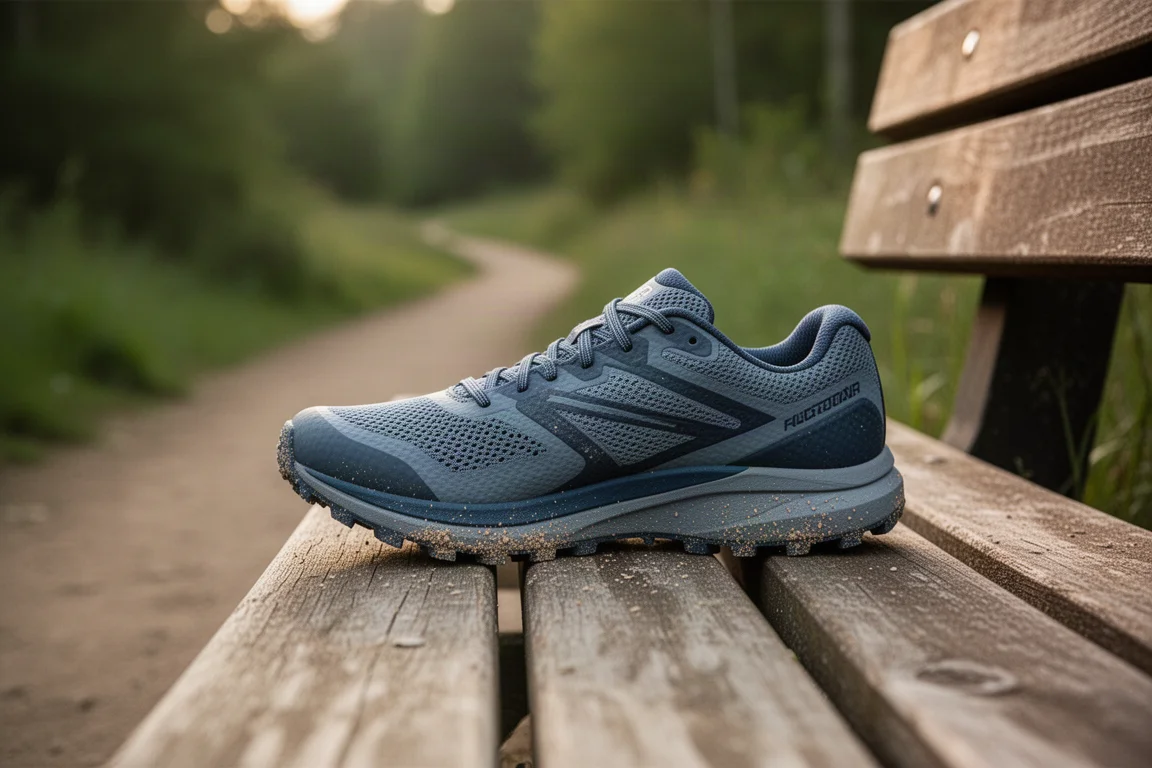 Zapatilla de trail apoyada en un banco de madera al final de una carrera