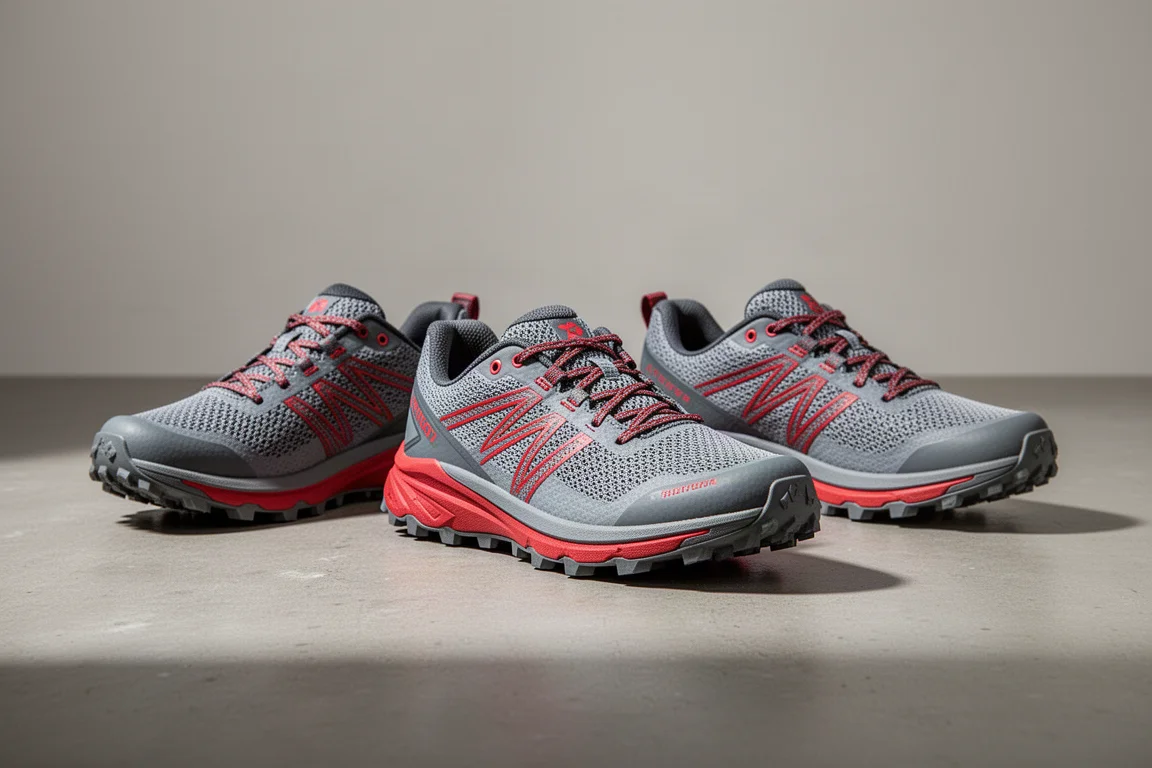 Trzy buty do biegania Mammut Energy Trail w szarej i czerwonej wersji ustawione obok siebie na betonie