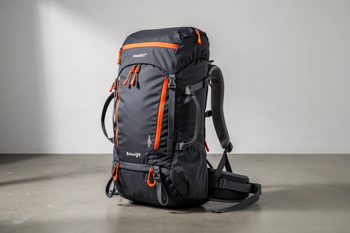 Charcoal 45-litre climbing rucksack with orange zips standing on concrete floor