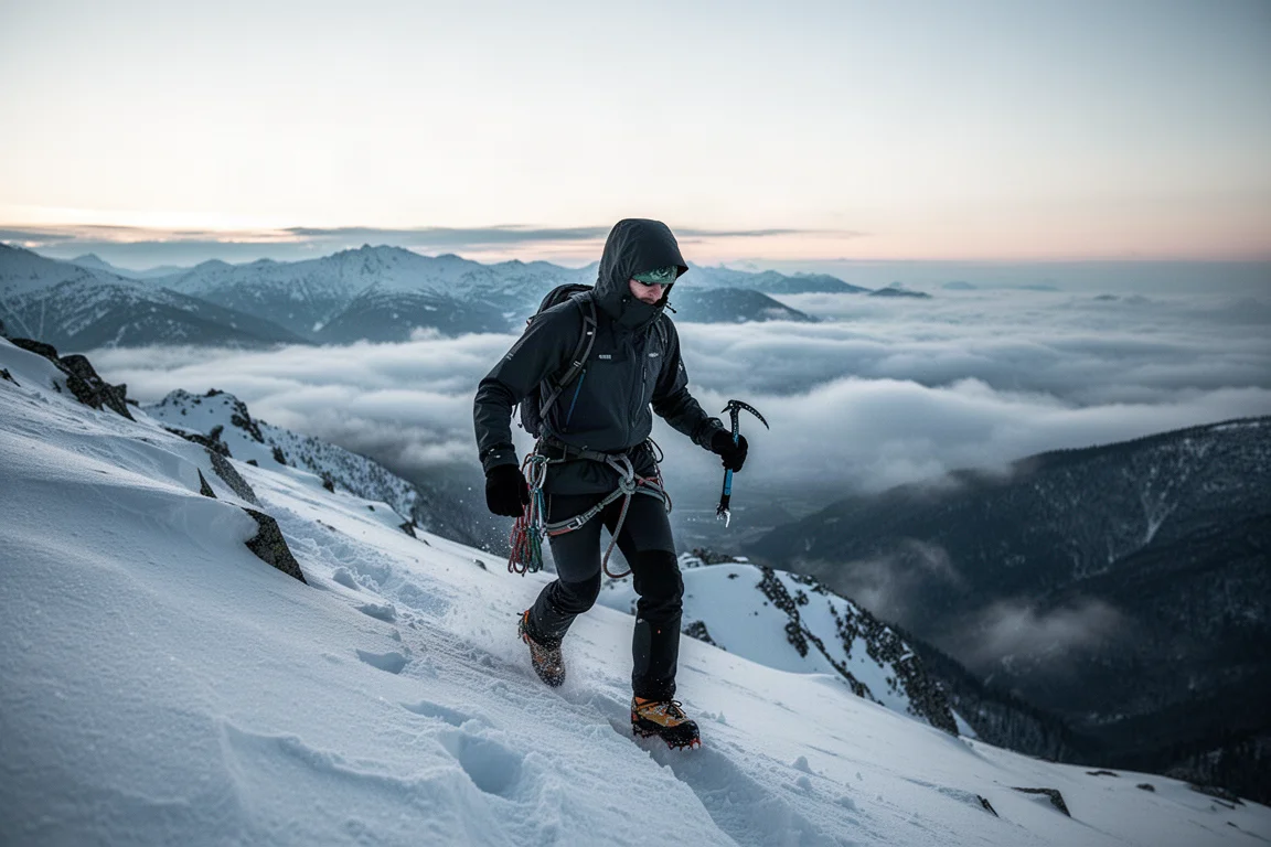 Alpinista con una giacca hardshell scura che avanza su una cresta alpina innevata all'alba