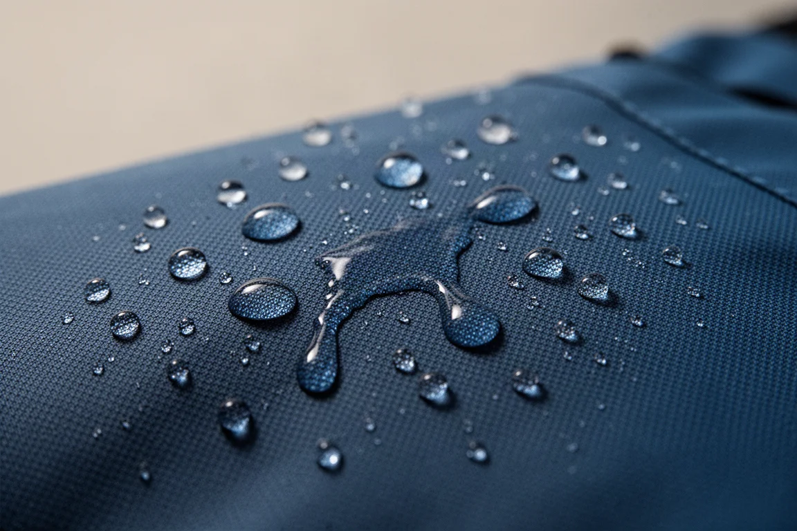Primo piano di gocce d'acqua che percolano su un tessuto hardshell blu dalla trama fitta