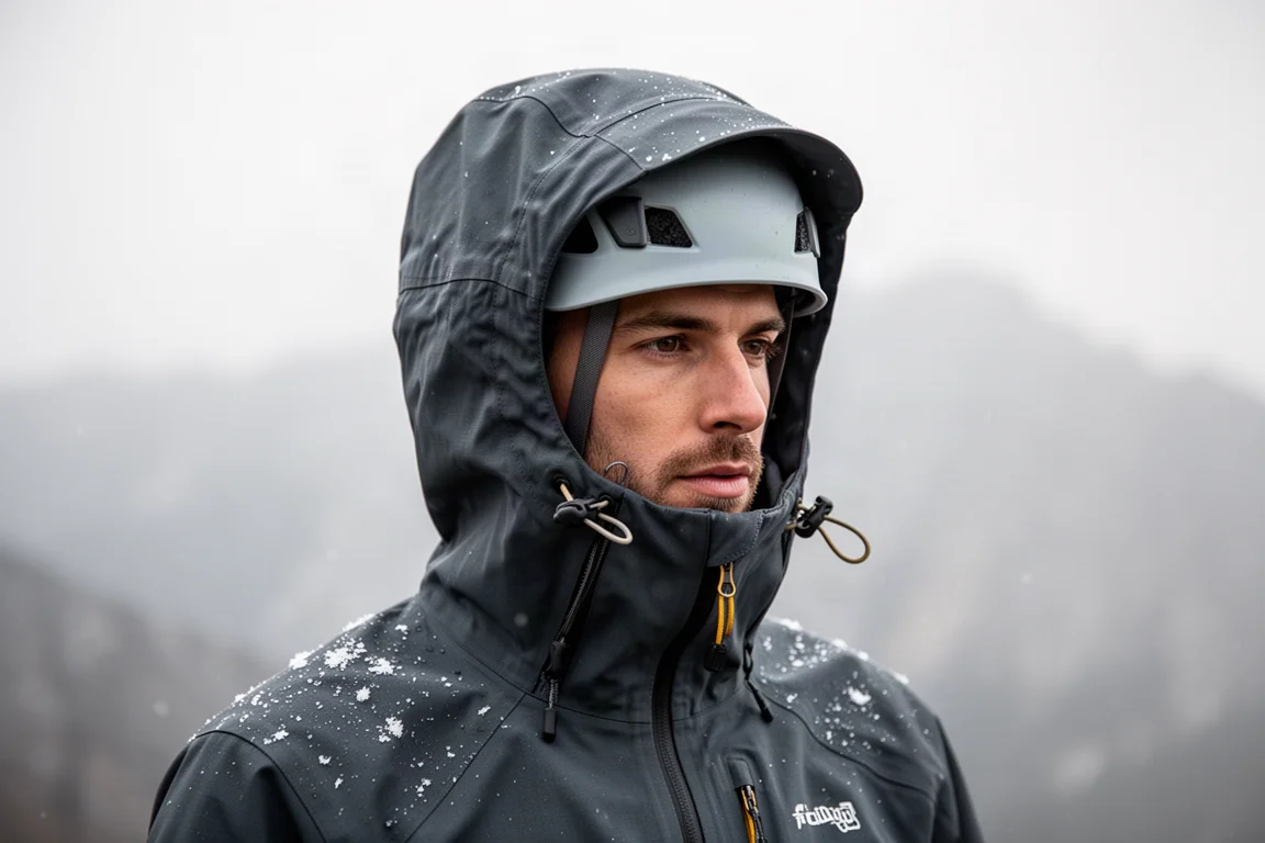 Cappuccio tecnico della giacca tirato sopra un casco da arrampicata con cordino di regolazione visibile