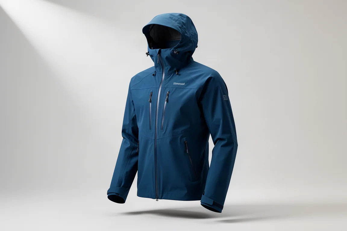 Deep blue technical hardshell mountain jacket on invisible mannequin against pale grey backdrop