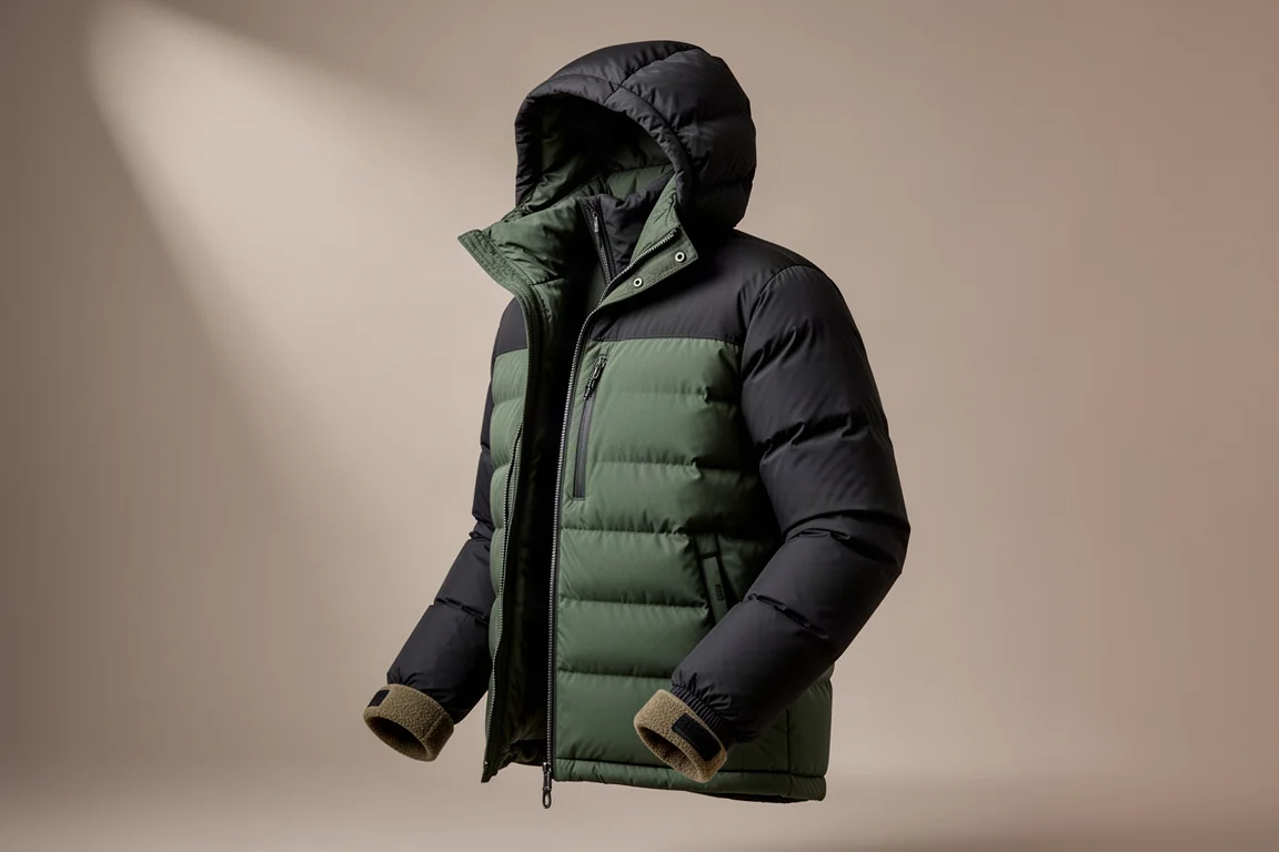 Two-tone black and green down belay jacket with large hood on a neutral grey backdrop