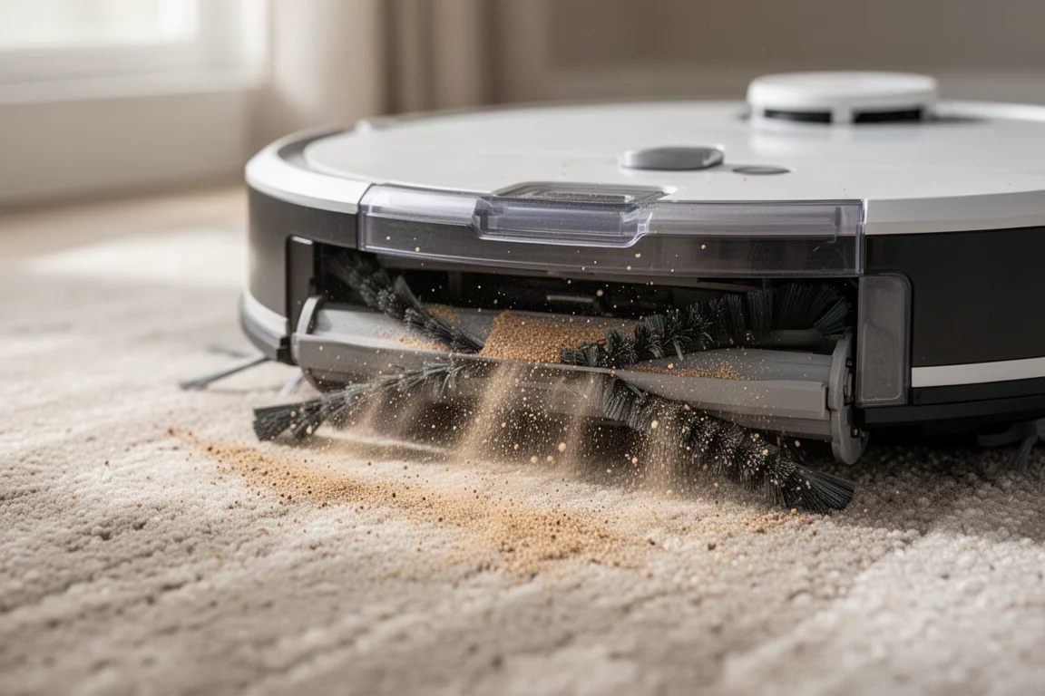 中程度のパイルカーペットから砂を拾うロボット掃除機のブラシのクローズアップ