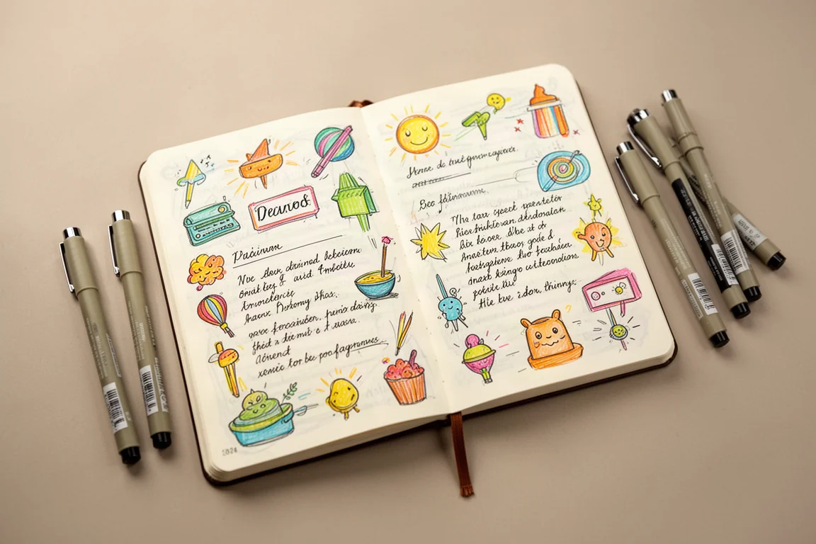 カラフルな落書きと均一な線の書き文字が描かれたノートのページ