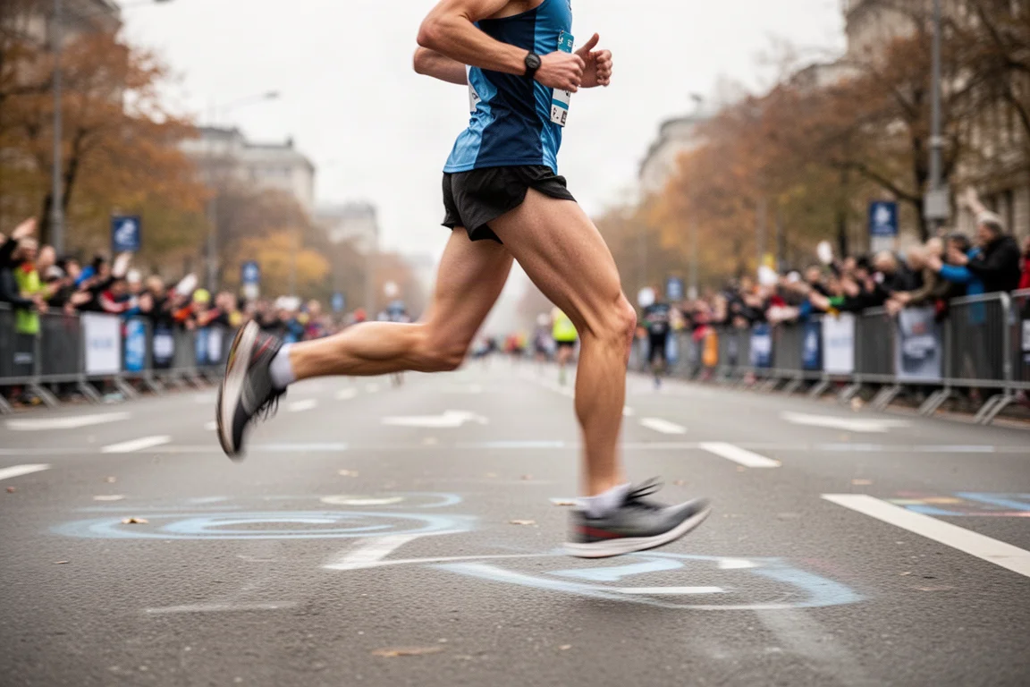 Loper die over een afgesloten straat in de stad loopt tijdens een halve marathon