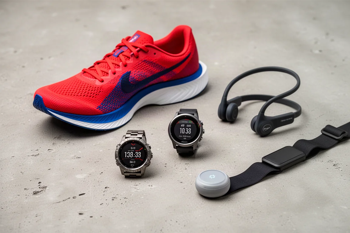 Racing shoe, two sports watches, bone conduction headphones and a temperature sensor arranged on concrete