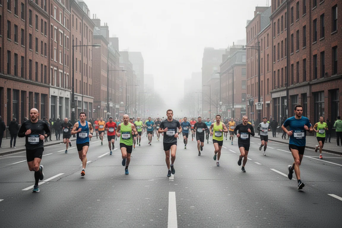 Corredores en un amplio recorrido urbano de media maratón bajo una fresca luz matinal