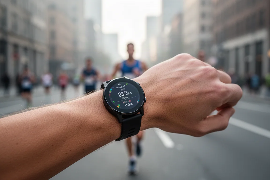 Smartwatch en una muñeca mostrando el seguimiento del día de carrera durante una tirada