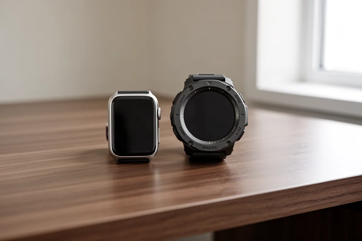 Dos smartwatches lado a lado sobre una superficie de madera después de correr