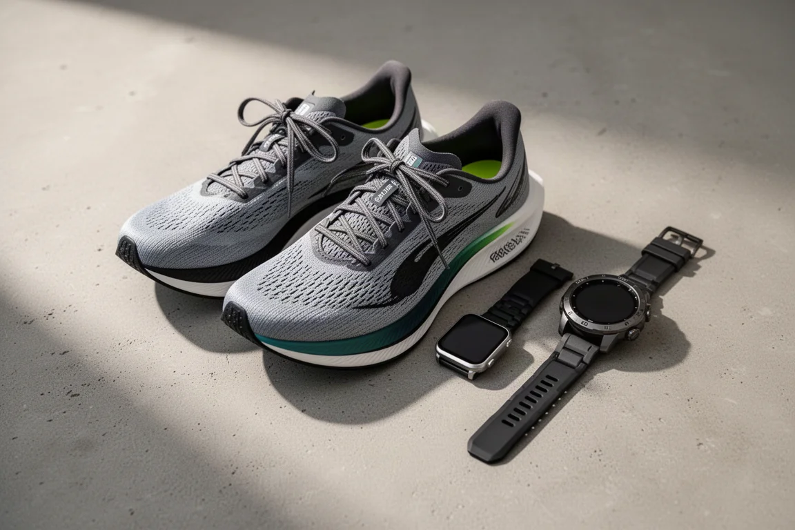 Carbon-plated running shoes and two smartwatches arranged on concrete