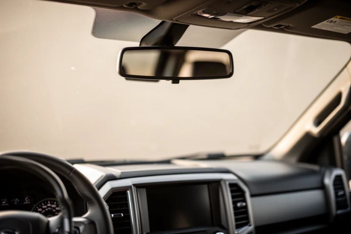 Vista interior de la cabina de una camioneta mostrando el espejo retrovisor montado contra el parabrisas