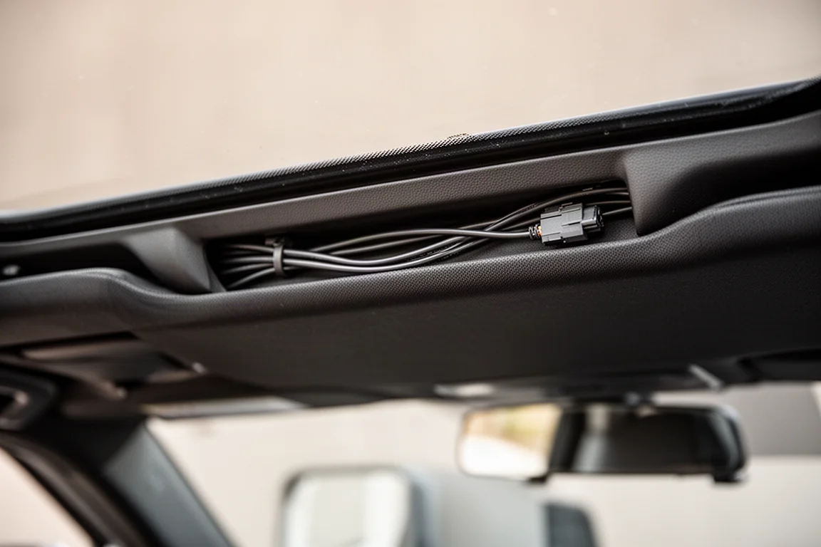 Vista del tablero de una dash cam instalada en el espejo retrovisor con cableado oculto