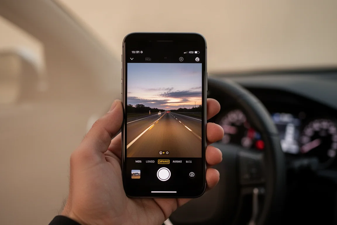 Pantalla de smartphone mostrando la reproducción de grabaciones de la dash cam mientras está estacionado al anochecer