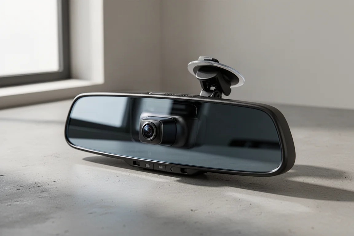 Rearview mirror dash camera on a neutral concrete surface