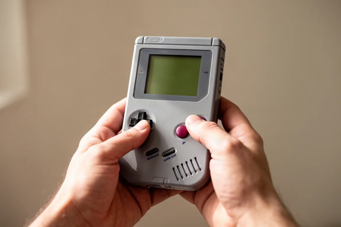 レトログレーの縦型ハンドヘルドゲーム機を手に持っている人
