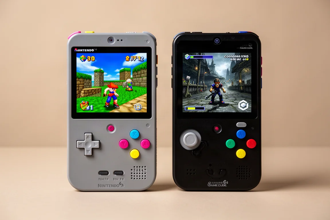 異なるゲームパフォーマンスを示す2つの縦型ハンドヘルドが並んでいる様子