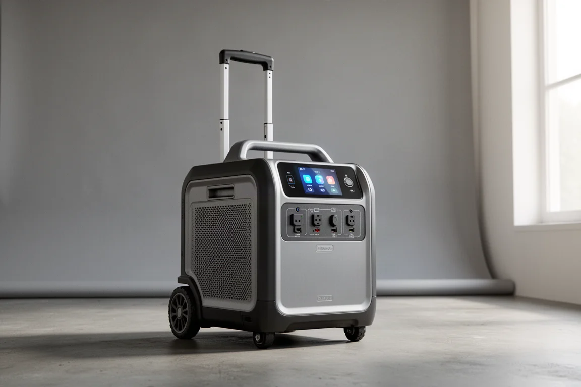 Wheeled portable power station standing on concrete with telescopic handle extended