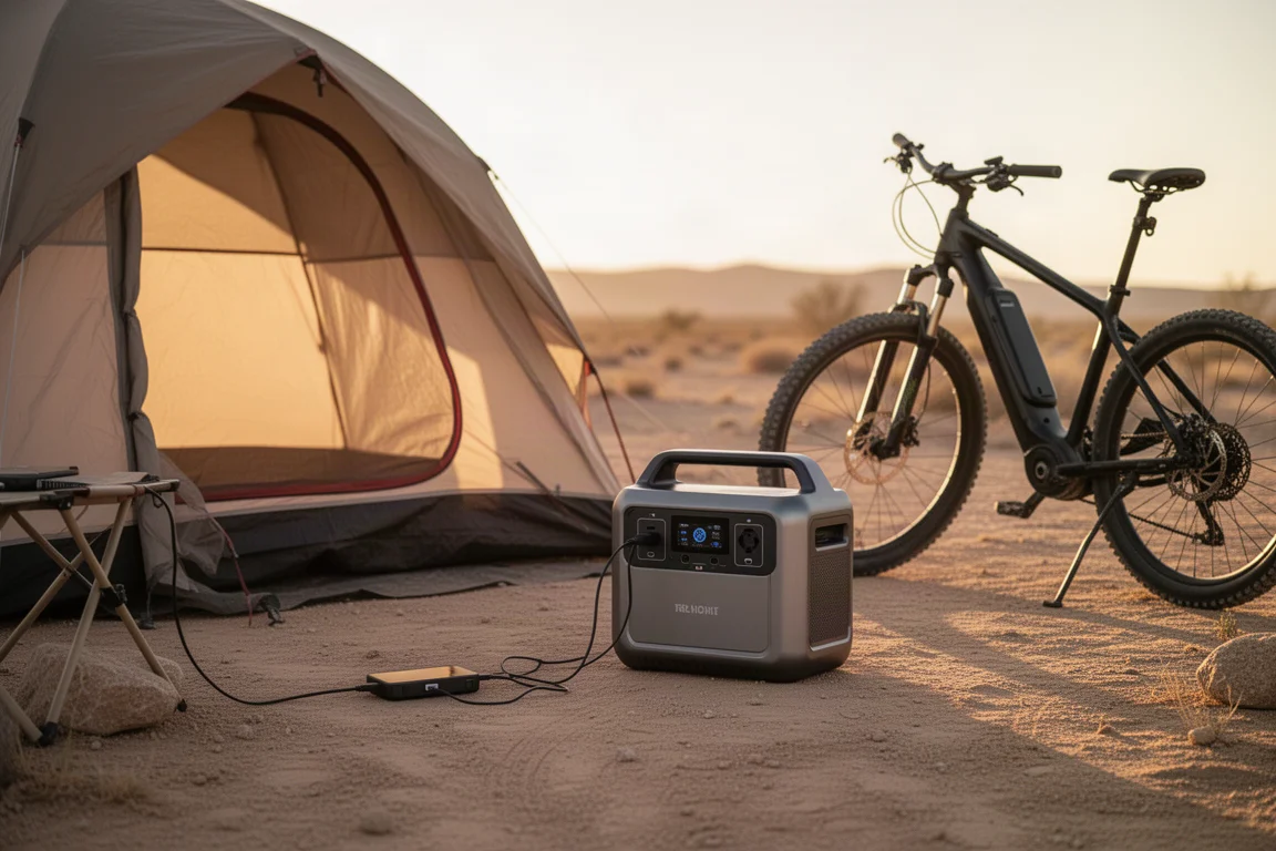 Portable power station charging an e-bike and small devices at a campsite