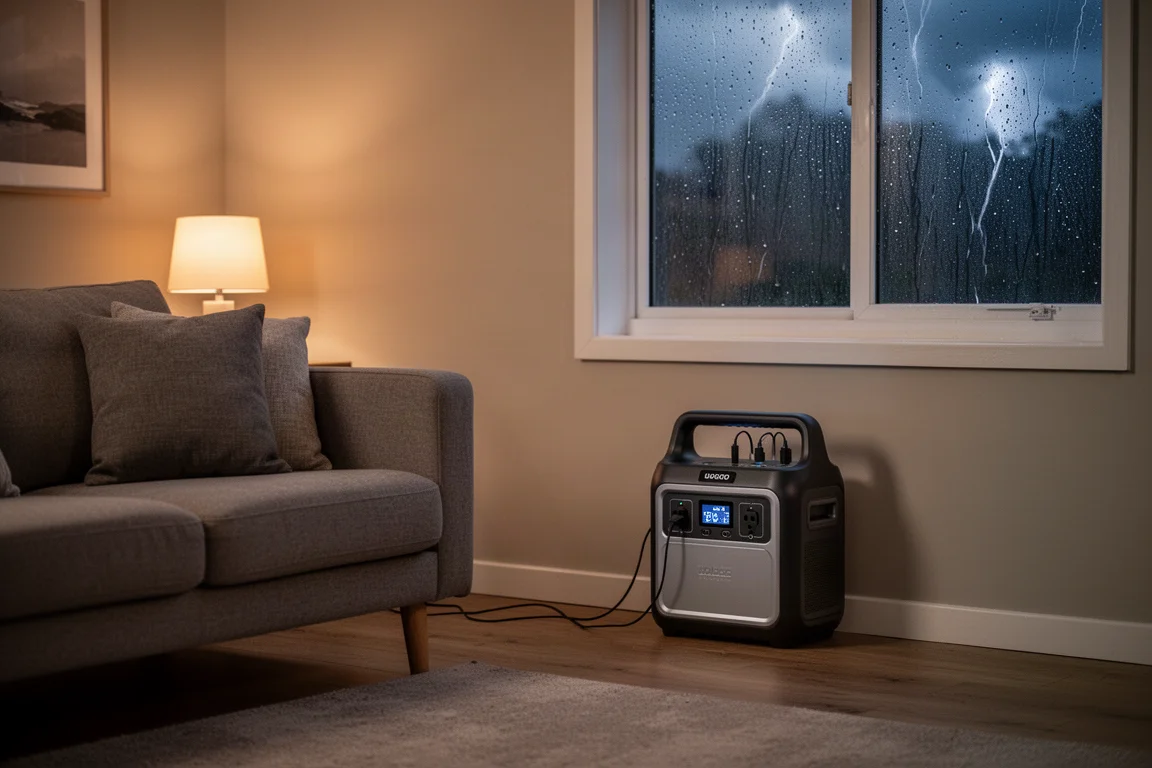 Home living room with lights on during evening, powered by backup battery setup