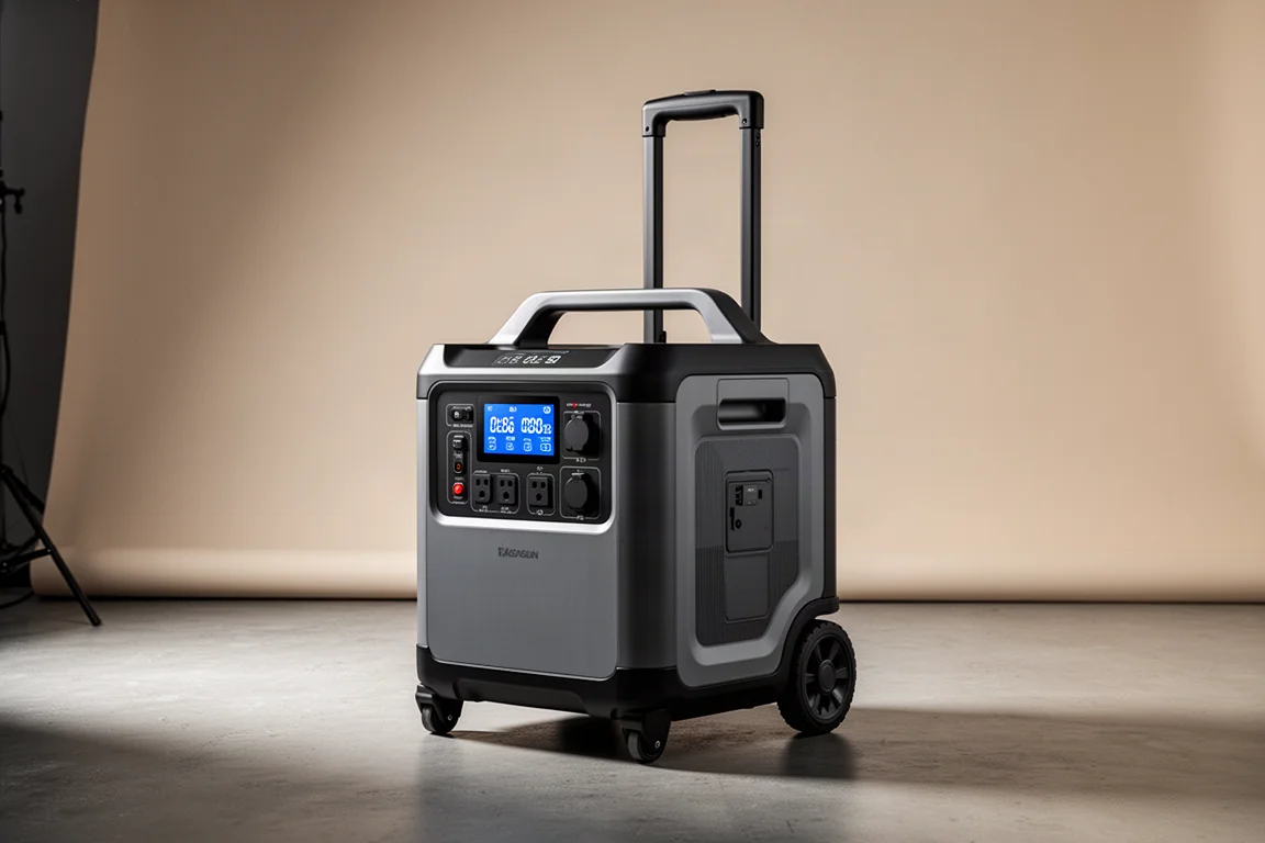 Large wheeled portable power station with telescopic handle and touchscreen display