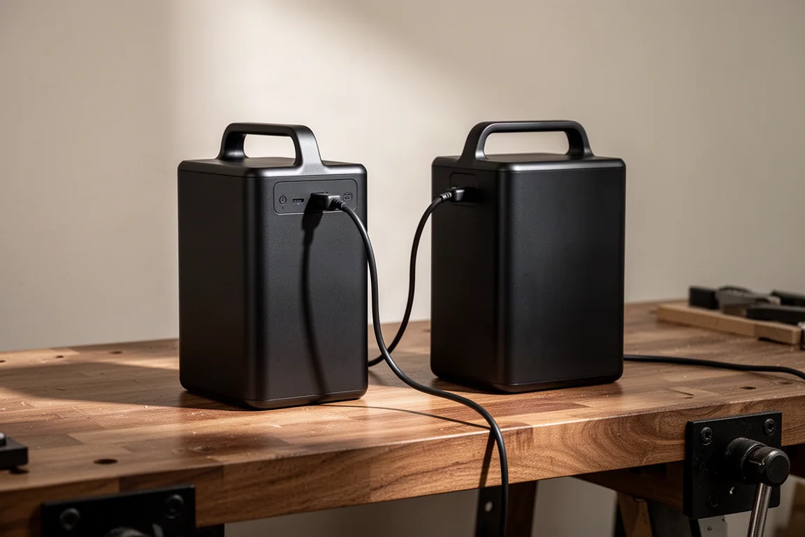 Deux grandes unités de batteries reliées par un câble sur un établi d'atelier