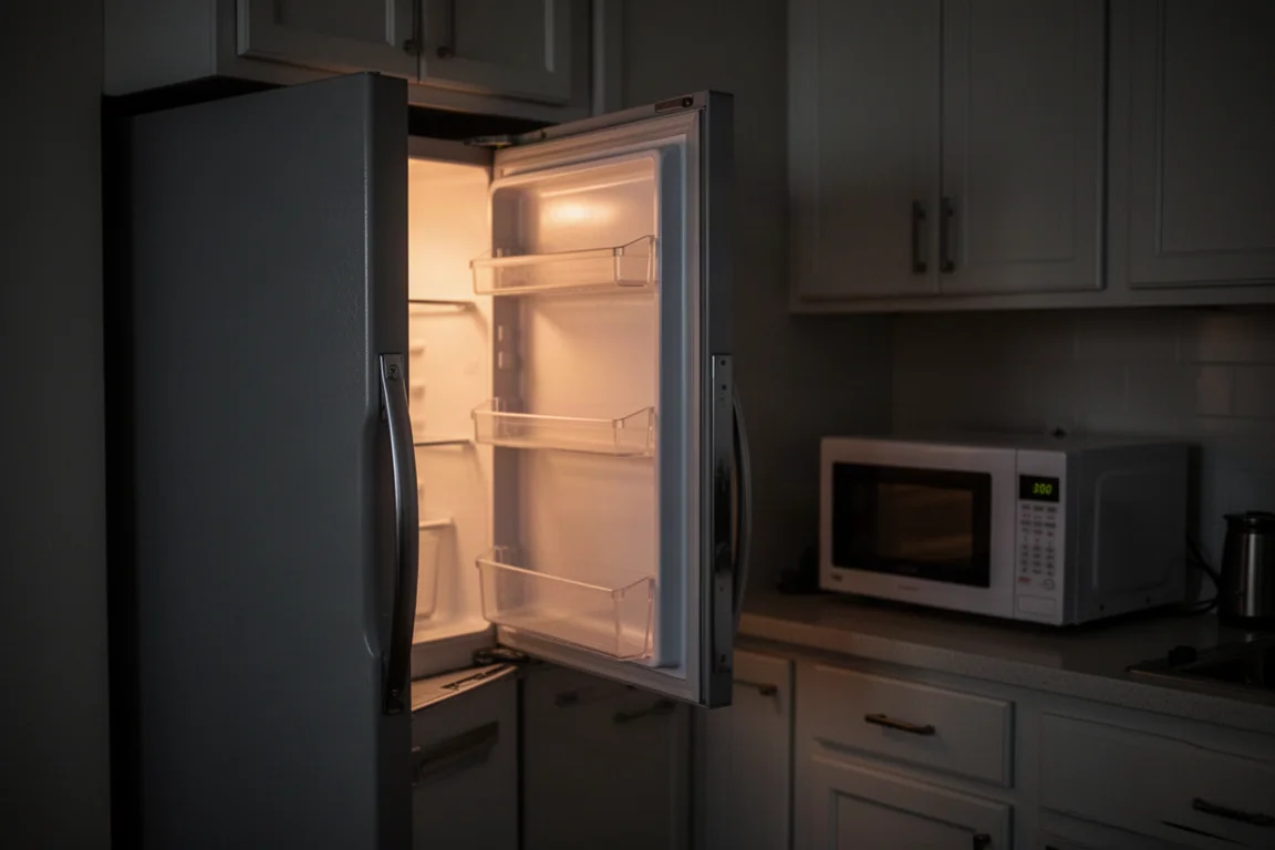 Cuisine éclairée en douceur pendant une coupure de courant le soir, avec réfrigérateur et micro-ondes