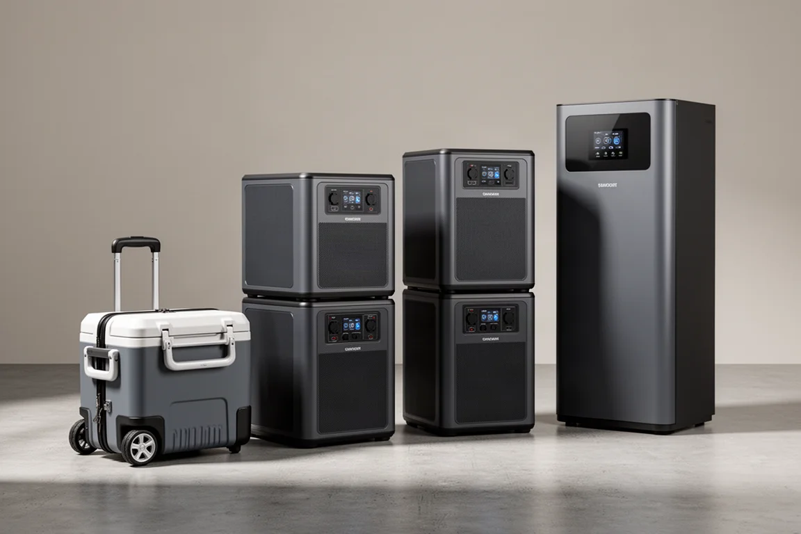Four Mango Power battery backup stations of different sizes lined up on concrete