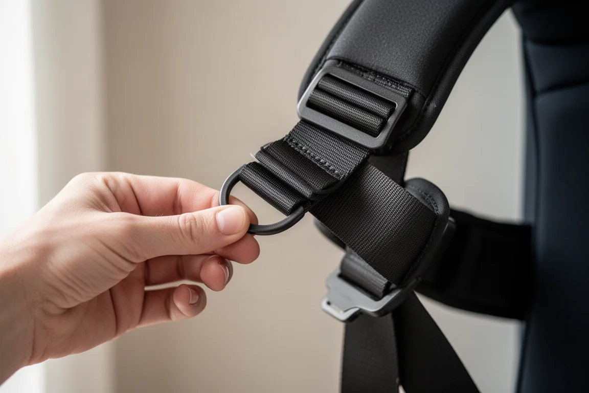 Mano che tira un anello a D sulla tracolla per allentarla mentre la borsa è indossata