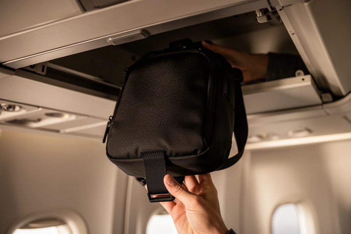 Borsa a tracolla riposta in un vano superiore di aereo con l'impugnatura inferiore visibile